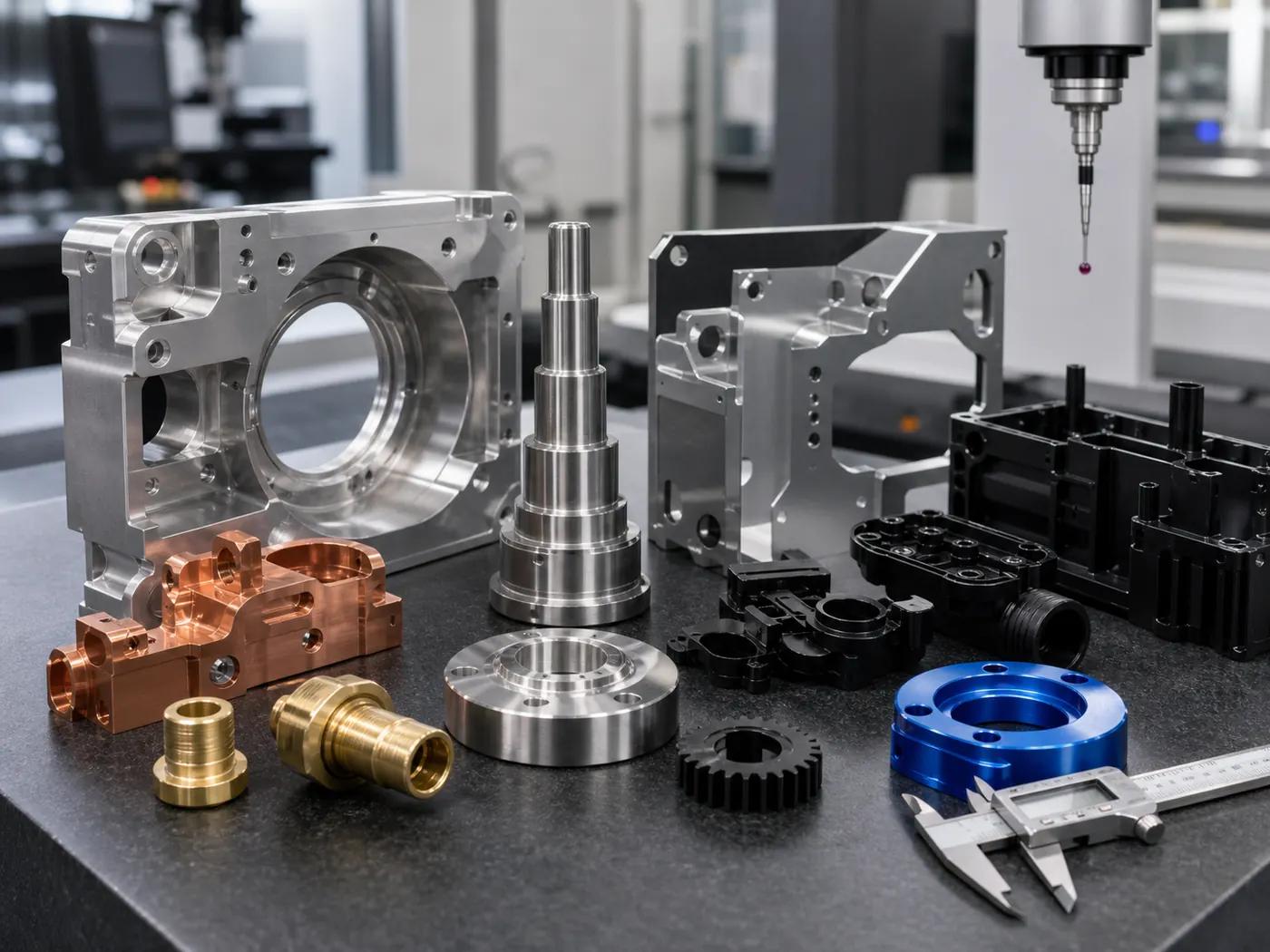 Machined aluminum copper brass steel and plastic CNC parts on inspection table